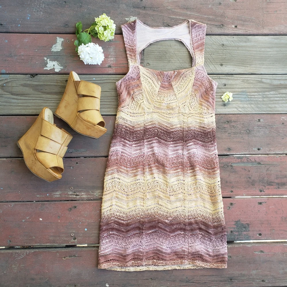 Free People Ombre Sunset Yellow Purple Lace Bodycon Mini Dress